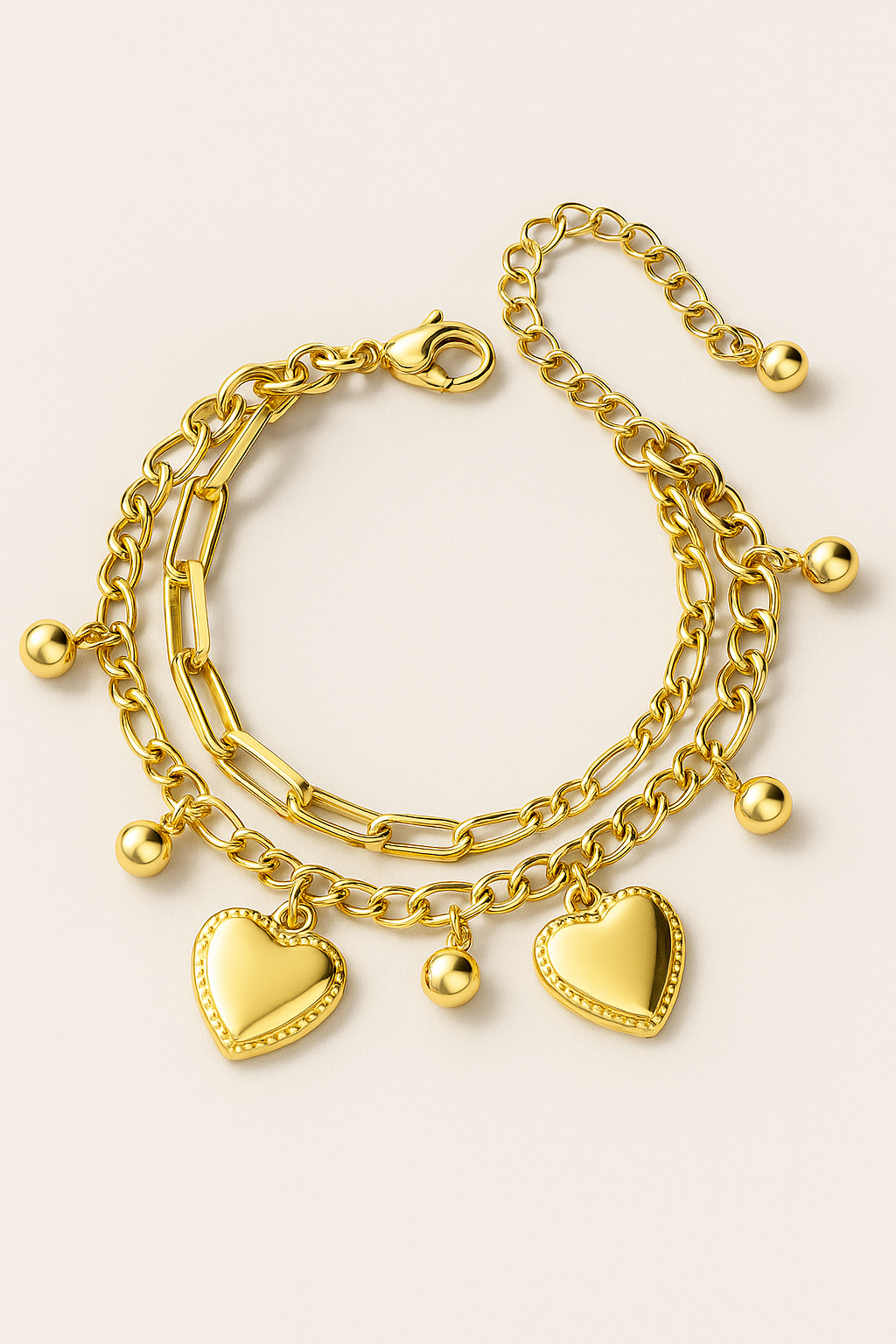 Gold Plated Heart Charm Bracelet – Dual Chain with Dangling Beads
