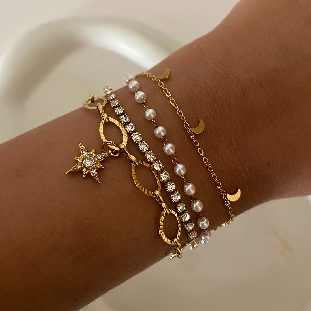 Moon & Pearl Layered Bracelet Set