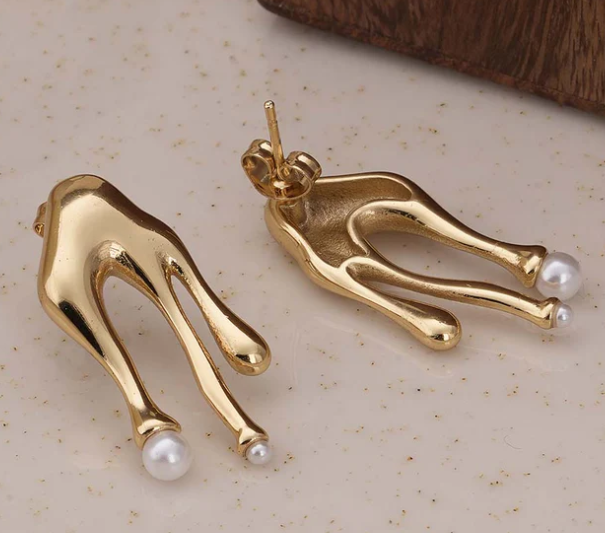 Abstract Gold Pearl Stud Earrings