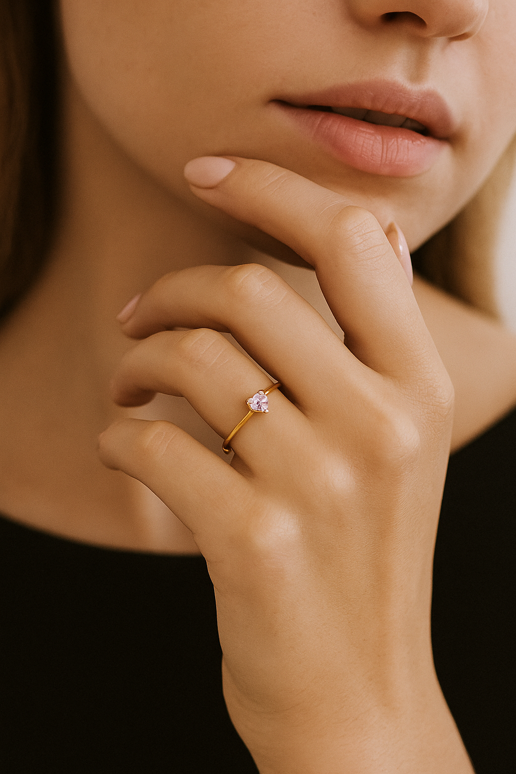 Heart, Pink Gemstone Adjustable Open Ring
