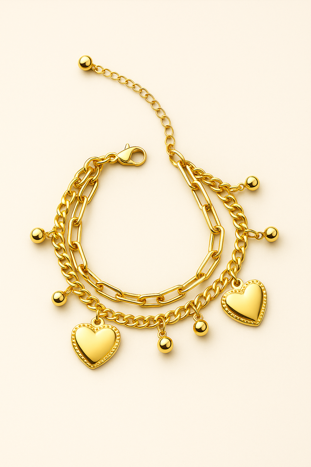 Gold Plated Heart Charm Bracelet – Dual Chain with Dangling Beads