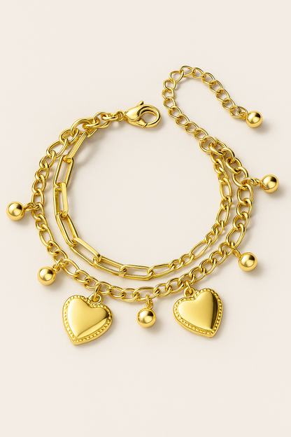 Gold Plated Heart Charm Bracelet – Dual Chain with Dangling Beads