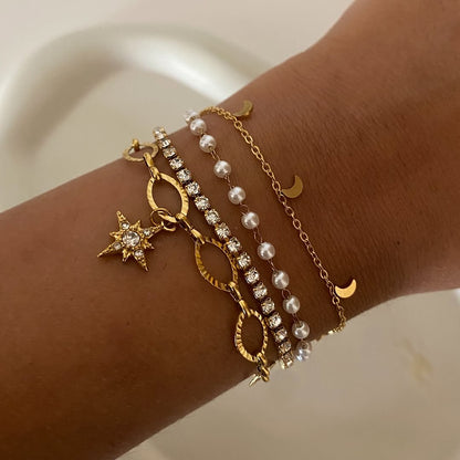 Moon & Pearl Layered Bracelet Set