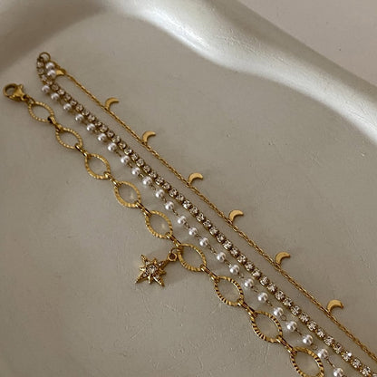 Moon & Pearl Layered Bracelet Set