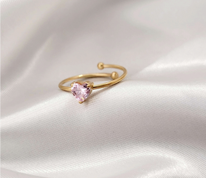 Heart, Pink Gemstone Adjustable Open Ring