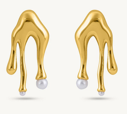 Abstract Gold Pearl Stud Earrings