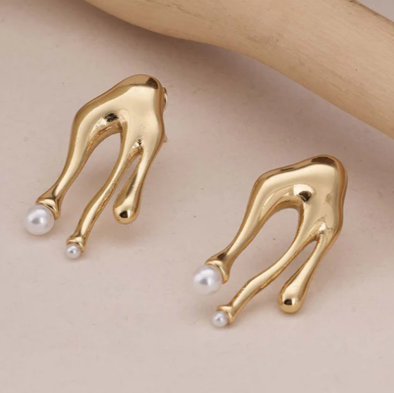 Abstract Gold Pearl Stud Earrings