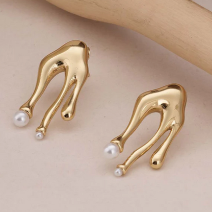 Abstract Gold Pearl Stud Earrings