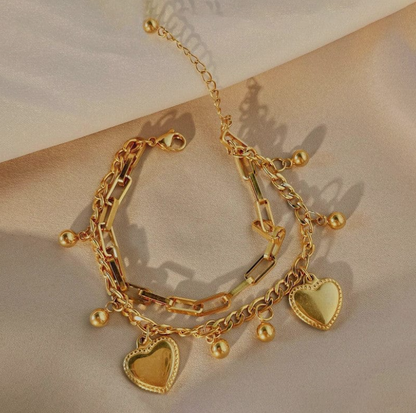 Gold Plated Heart Charm Bracelet – Dual Chain with Dangling Beads