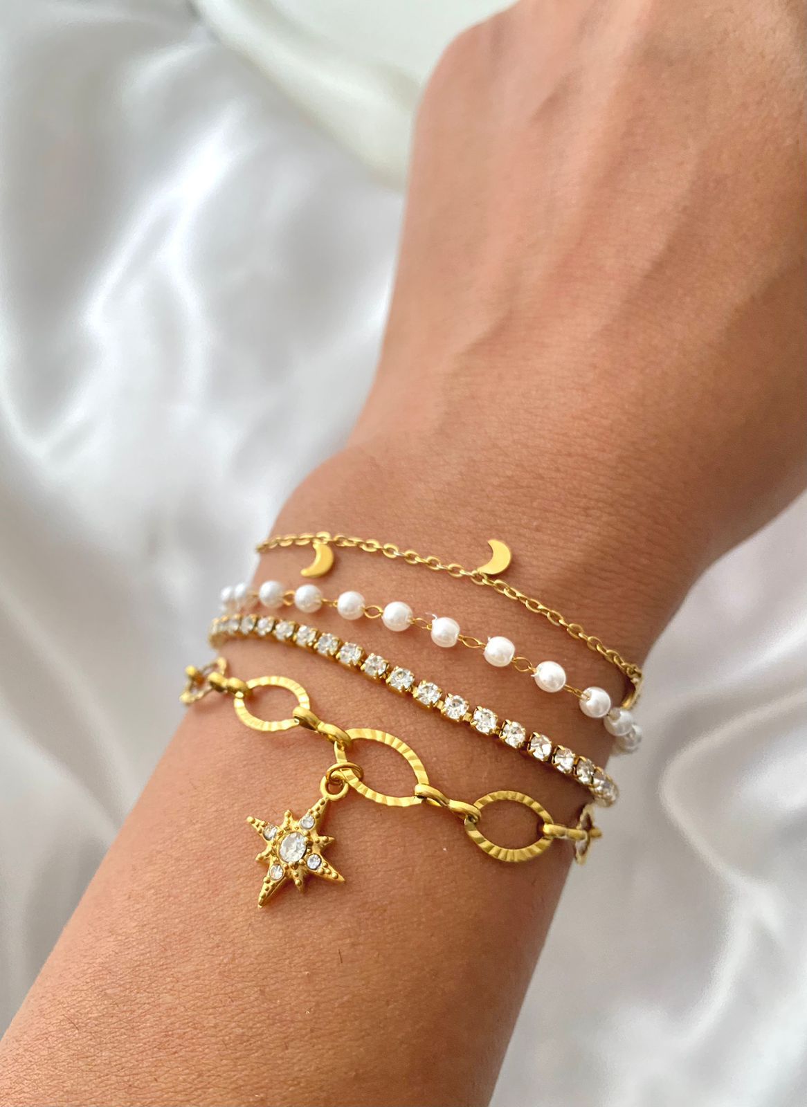 Moon & Pearl Layered Bracelet Set