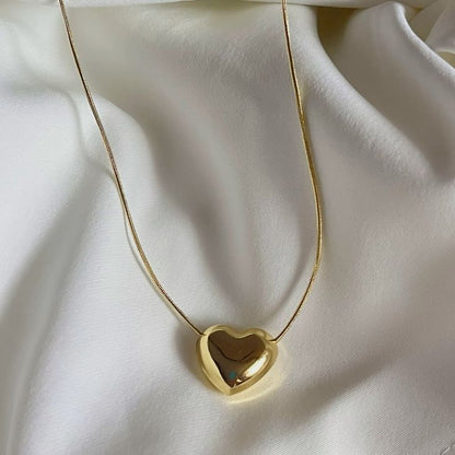Golden Puffed Heart Pendant Necklace