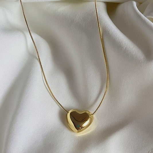 Golden Puffed Heart Pendant Necklace